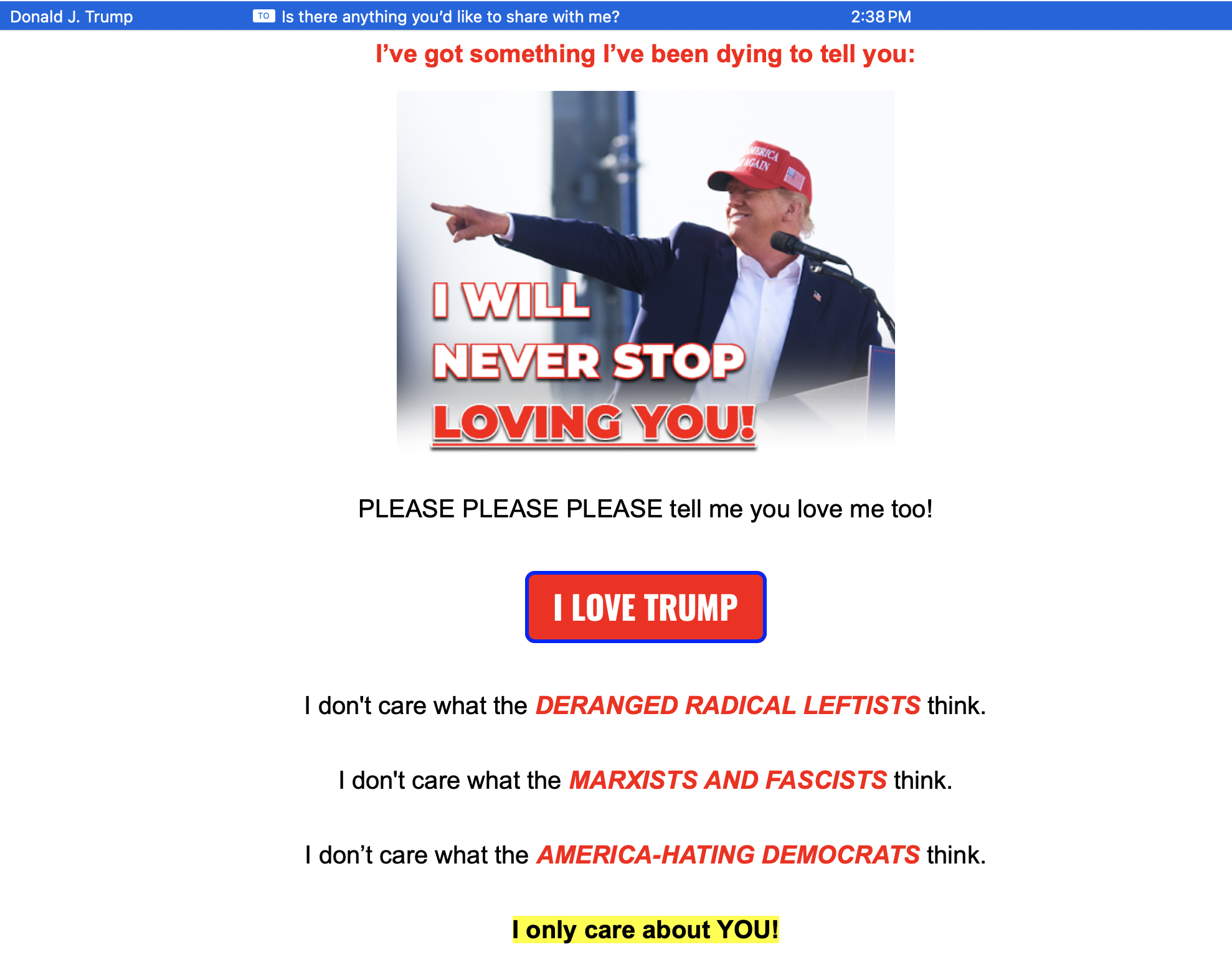 Screenshot of a Donald Trump campaign email, subject
