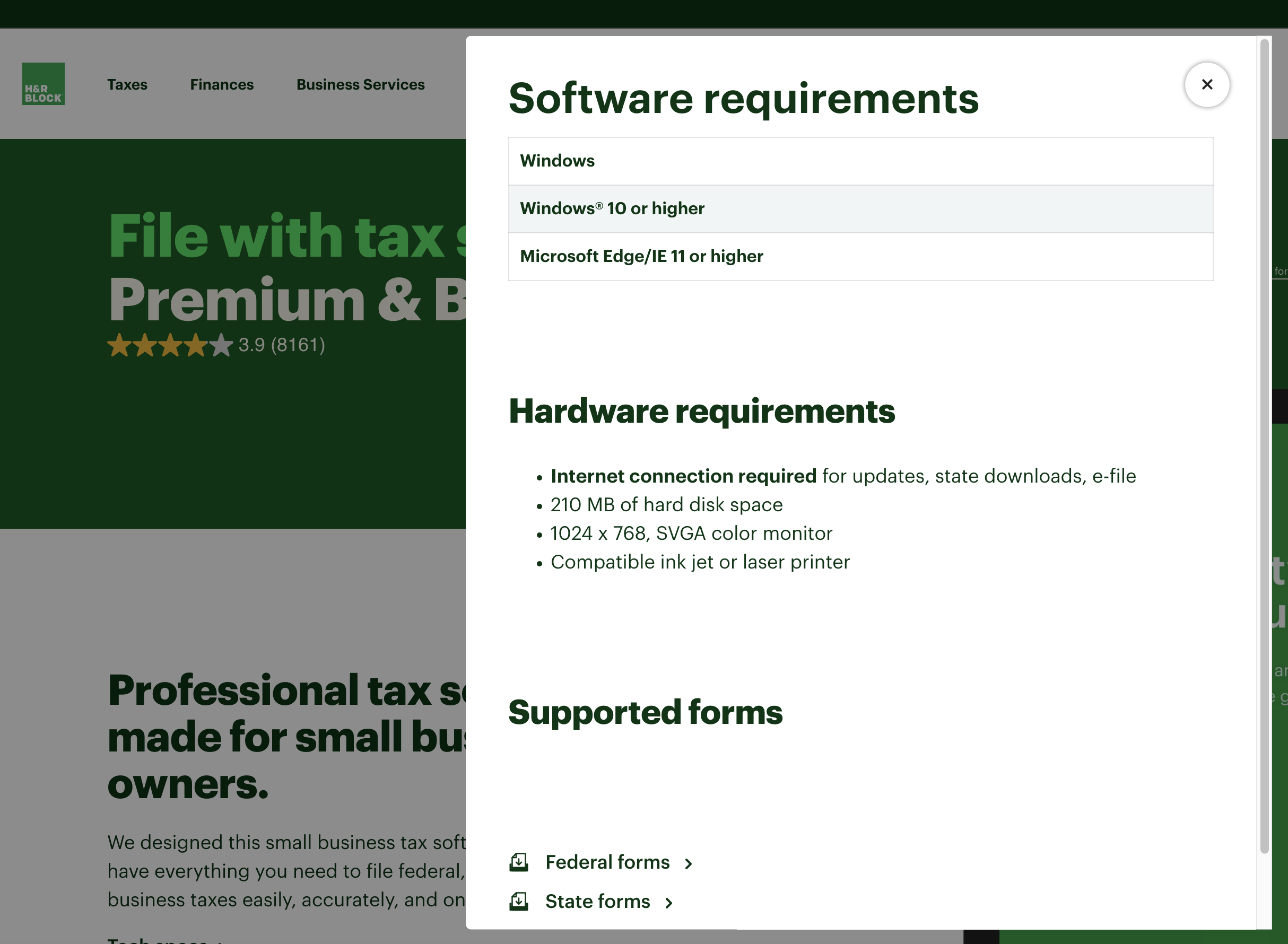 Screenshot of tech specs of H&R Block “Premium & Business” desktop tax prep product, showing a Windows-only requirement.