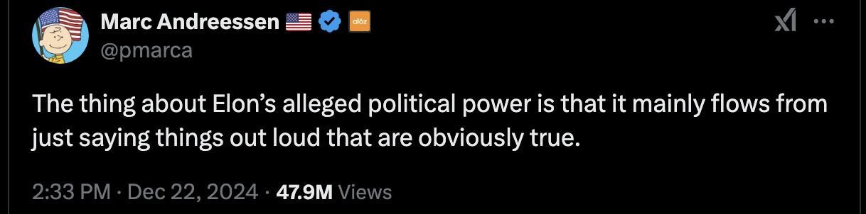 Tweet from Marc Andreeson:
The thing about Elon’s alleged political power is that it mainly flows from just saying things out loud that are obviously true.