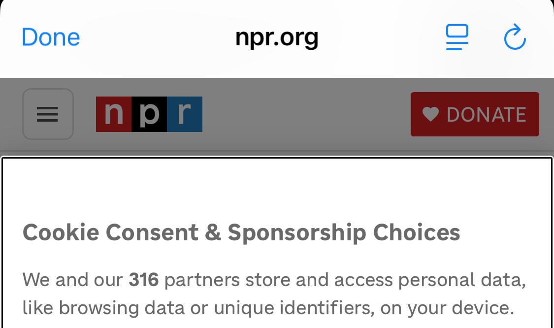 NPR website, EU cookie disclosure indicating 316 “partners” that spy on NPR site visitors.