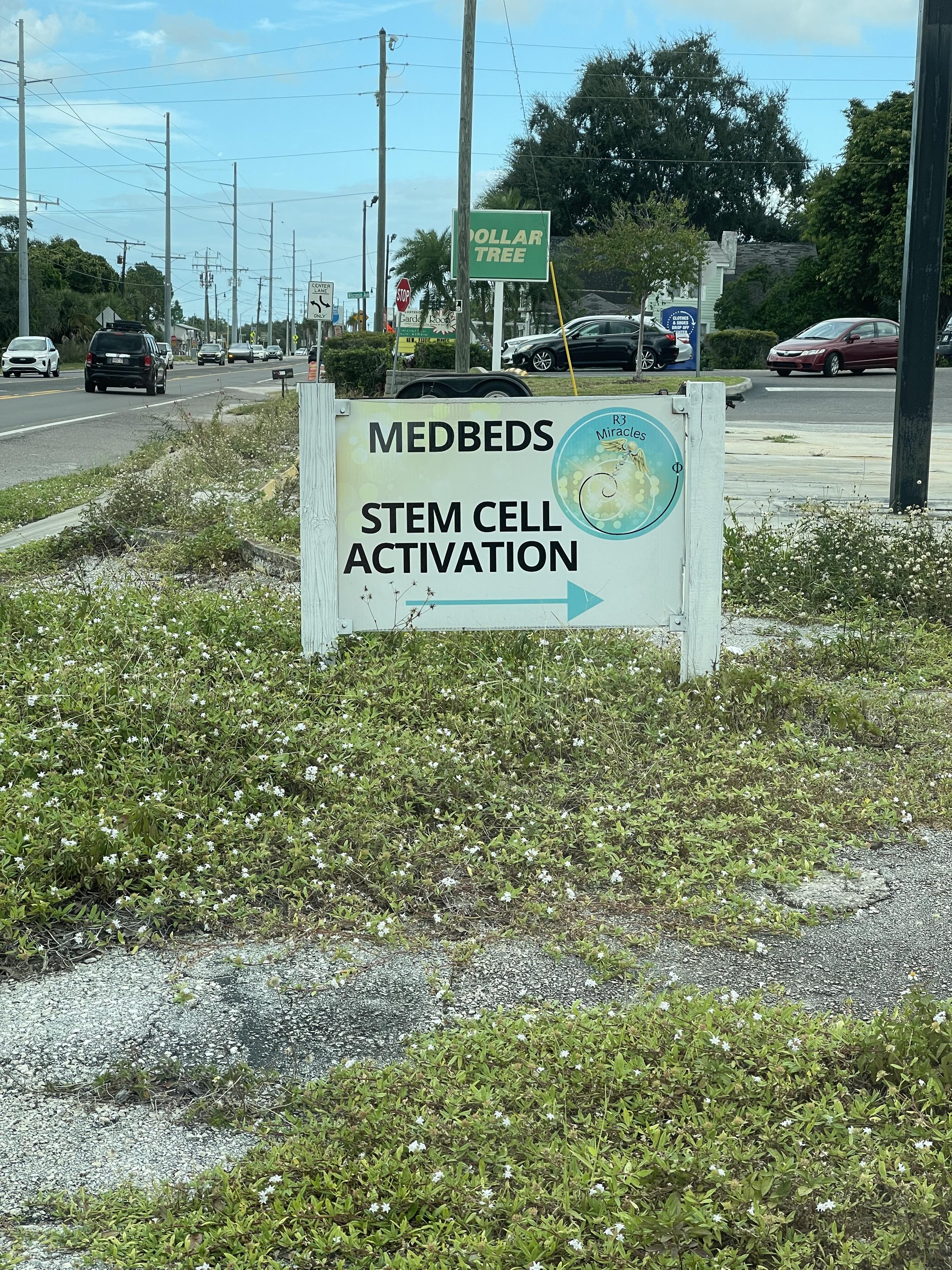 Photo of a sign advertising “medbeds” and “stem cell activation” in Pinellas County.